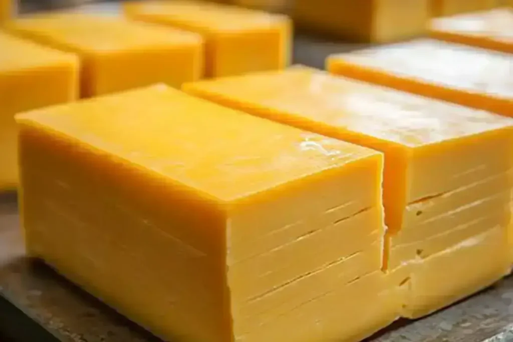 Slices of American cheese on a factory conveyor belt