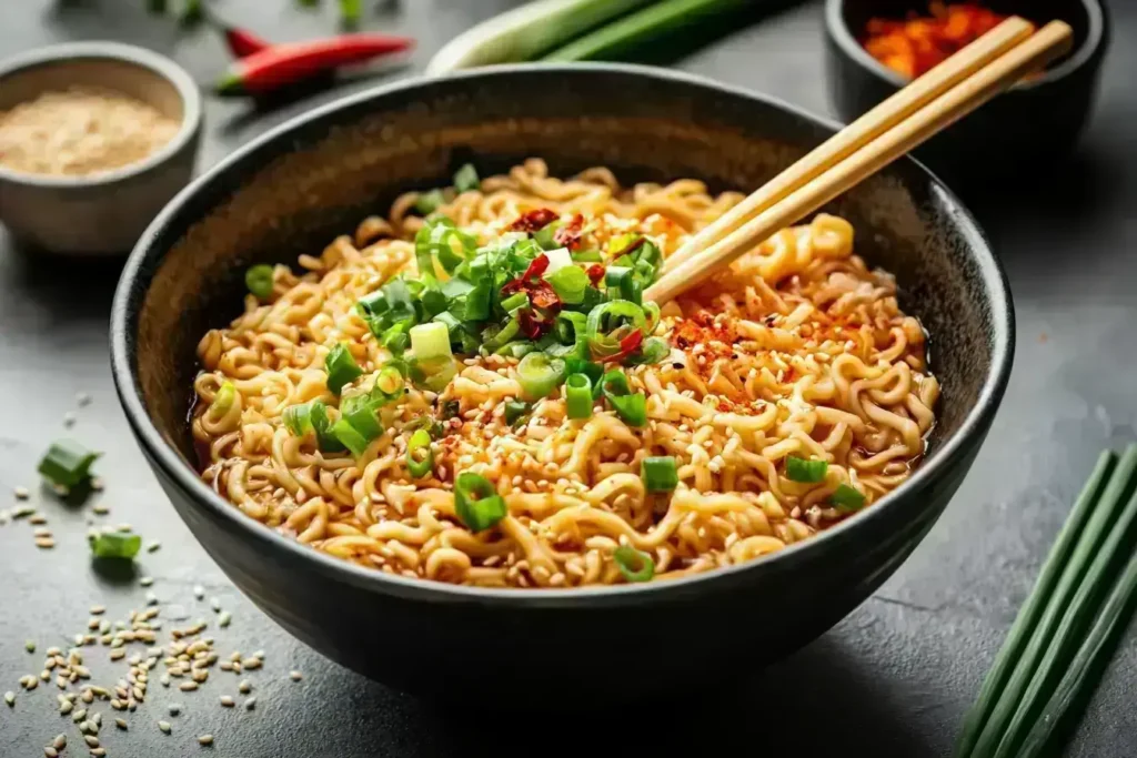 ext: Sesame noodles garnished with green onions, sesame seeds, and chili flakes.