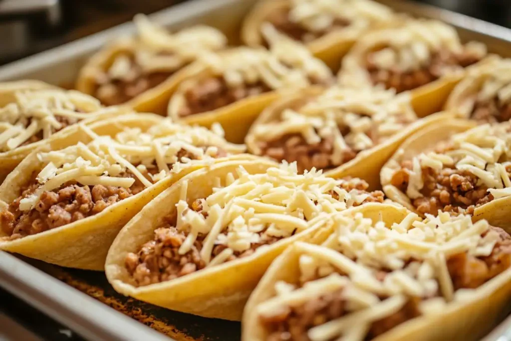 Taco shells being filled with beans, meat, and cheese in a baking dish.