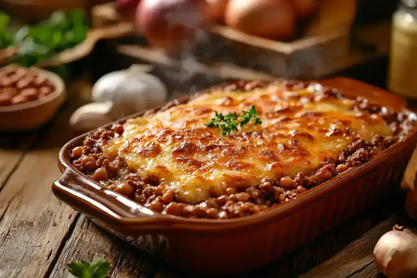 A hearty baked beans and hamburger dish served hot in a rustic dish.