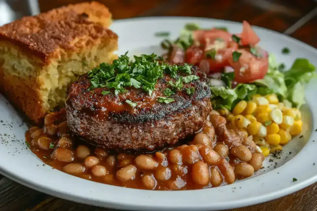 Plated baked beans and hamburger served with cornbread and a side salad.