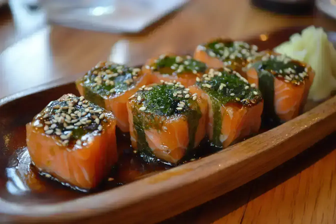 A plate of baked salmon sushi rolls with garnishes