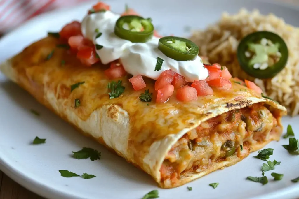 A baked taco served on a plate with garnishes and a side of Mexican rice.