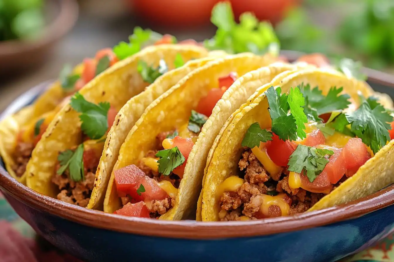 Baked tacos in a casserole dish topped with melted cheese and fresh cilantro.