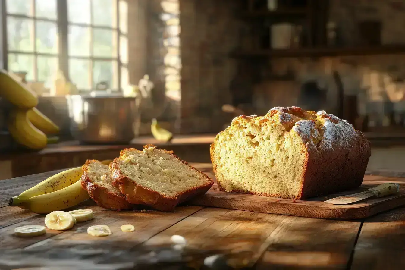 A loaf of freshly baked banana bread sliced on a wooden table.