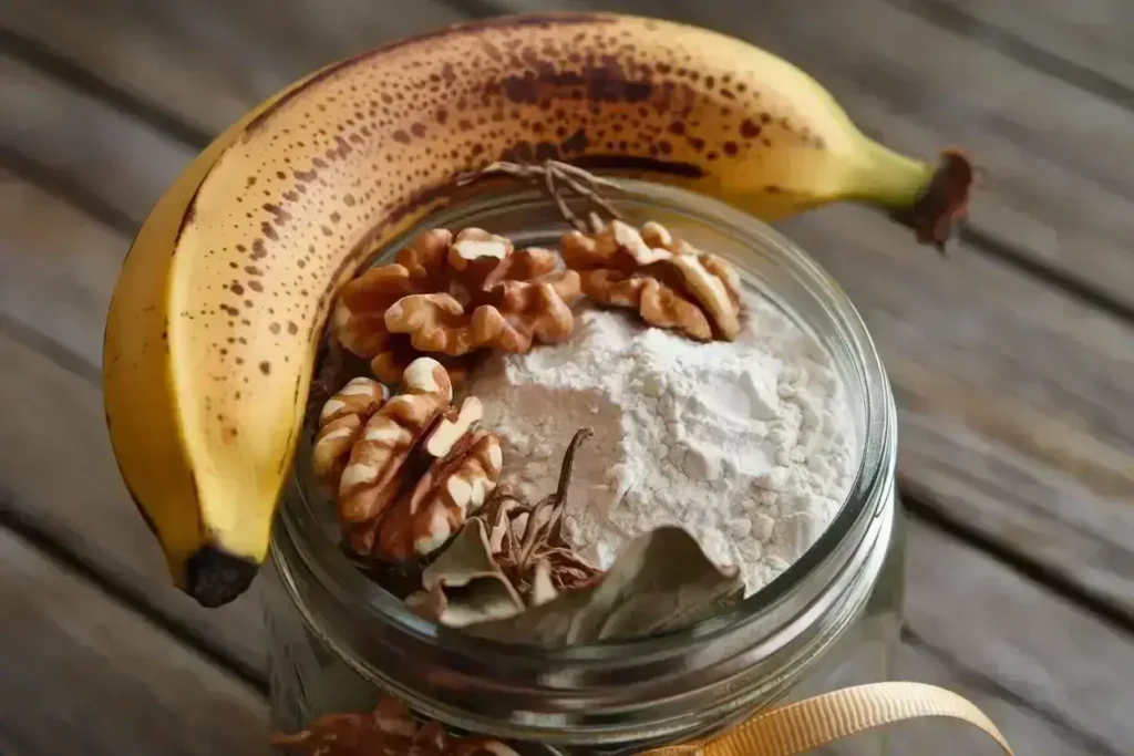 Ingredients for baking banana nut bread.