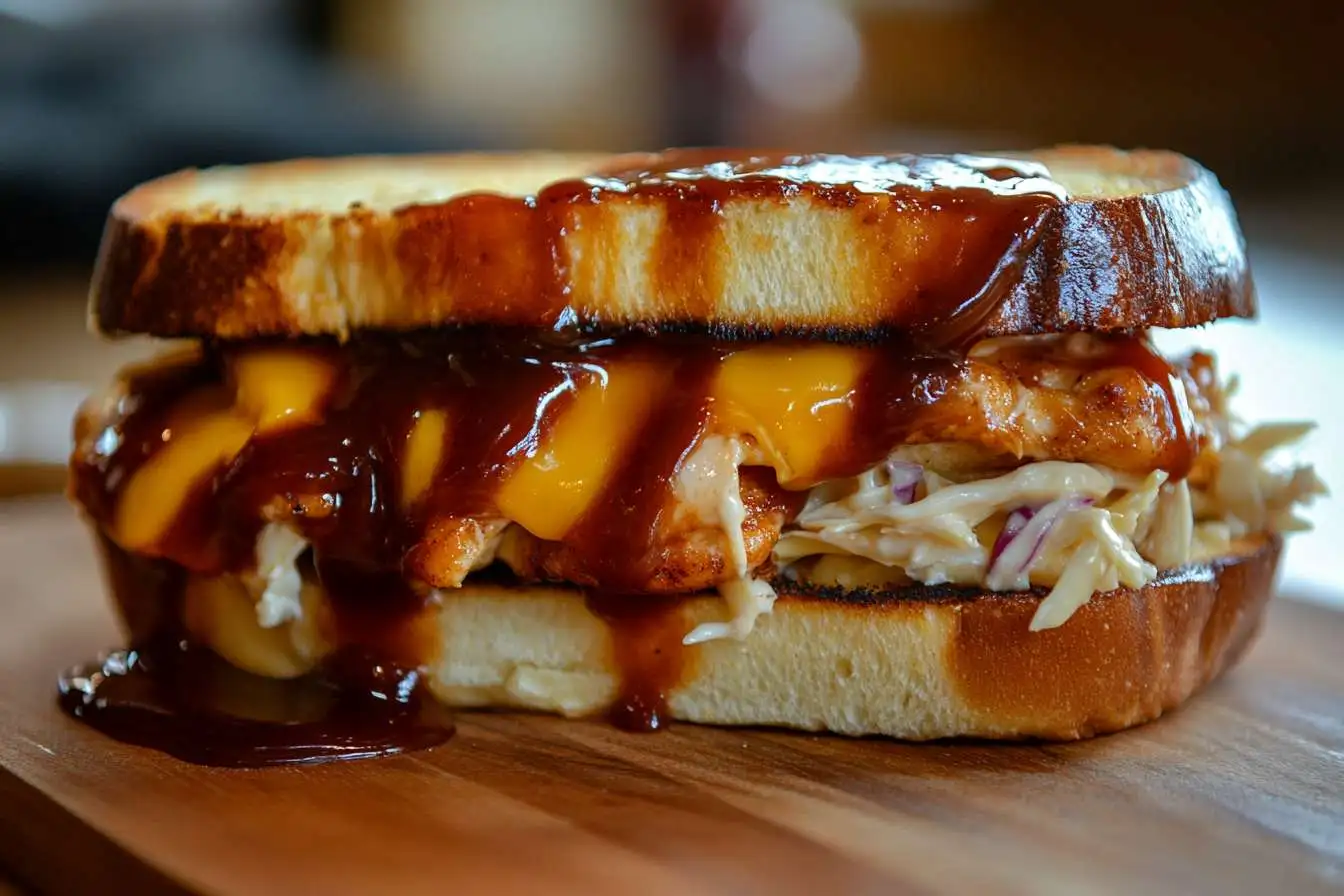 Barbecue chicken sandwich with sauce and toppings on a wooden board.