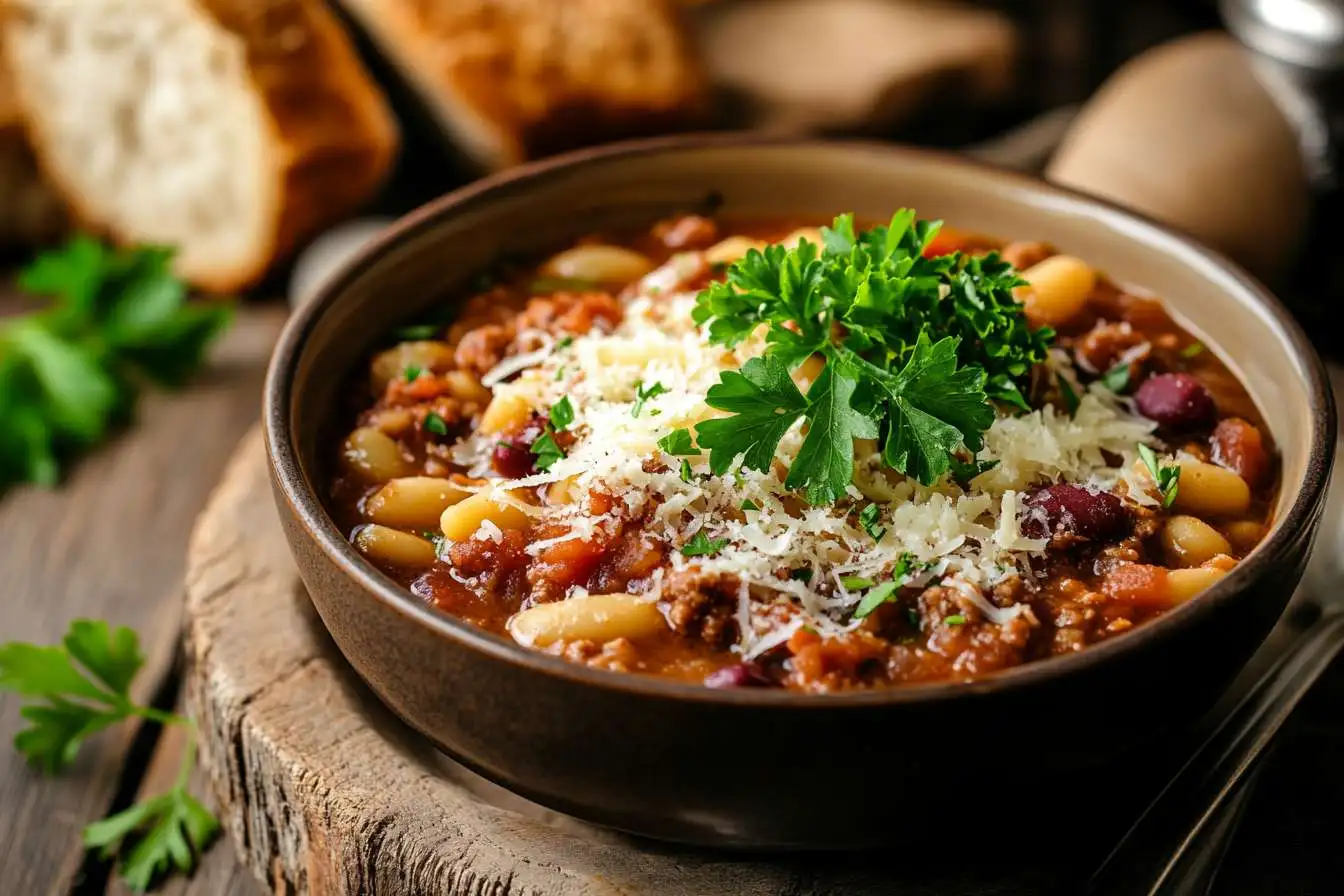 A bowl of Barefoot Contessa Pasta Fagioli with fresh parsley and grated Parmesan on a rustic wooden table.