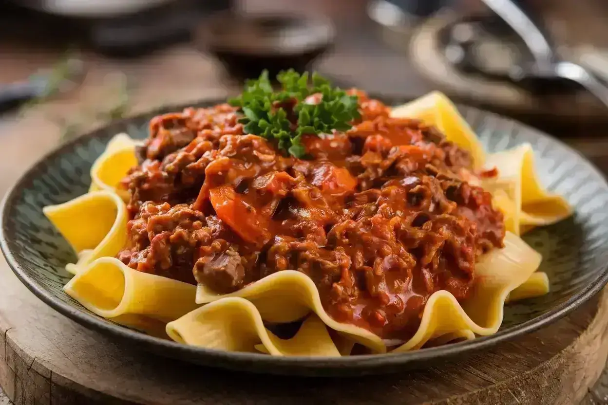 Pappardelle pasta with slow-cooked beef ragu garnished with fresh parsley.