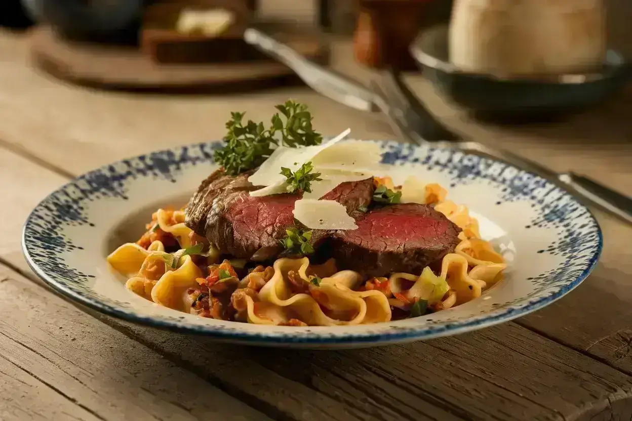 Beef steak pasta garnished with parsley and Parmesan