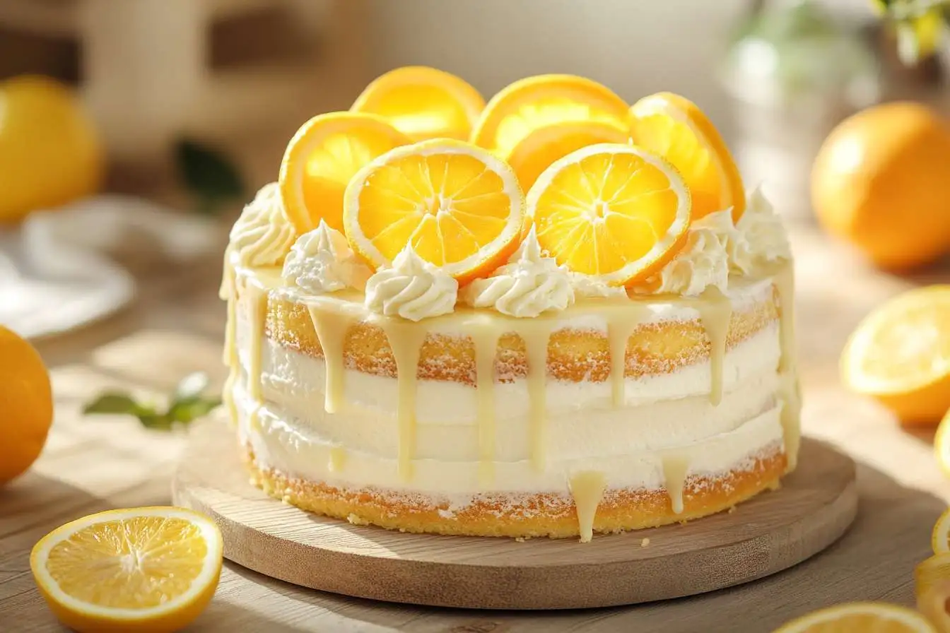 A freshly baked citrus cake garnished with lemon and orange slices.