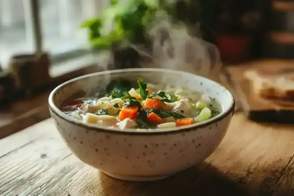 Bowl of chicken noodle soup made with tofu, carrots, and celery, garnished with parsley.