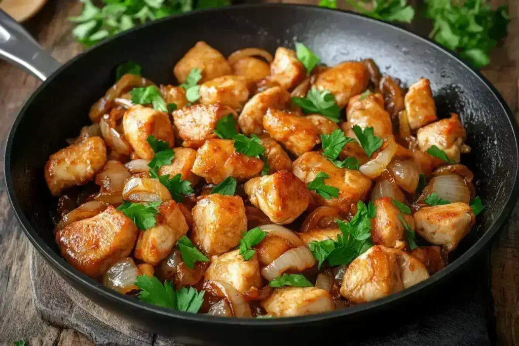 Golden-brown chicken and caramelized onions in a skillet.