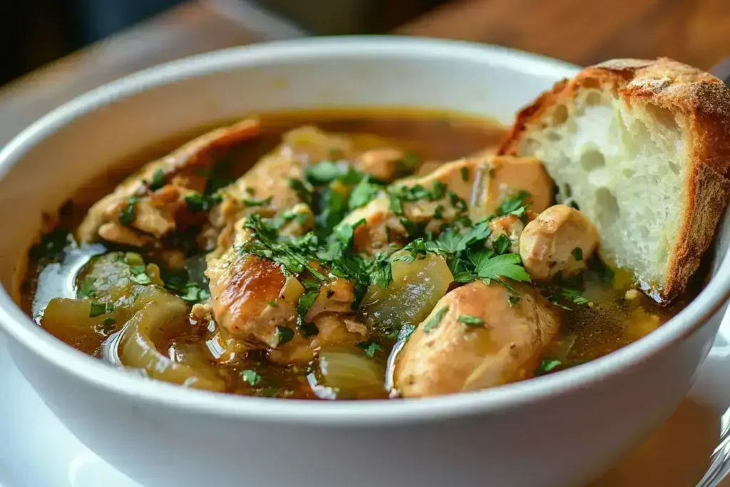 Chicken and onion soup served with rustic bread.