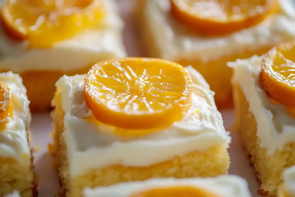 Citrus cake with cream cheese frosting and candied citrus slices.