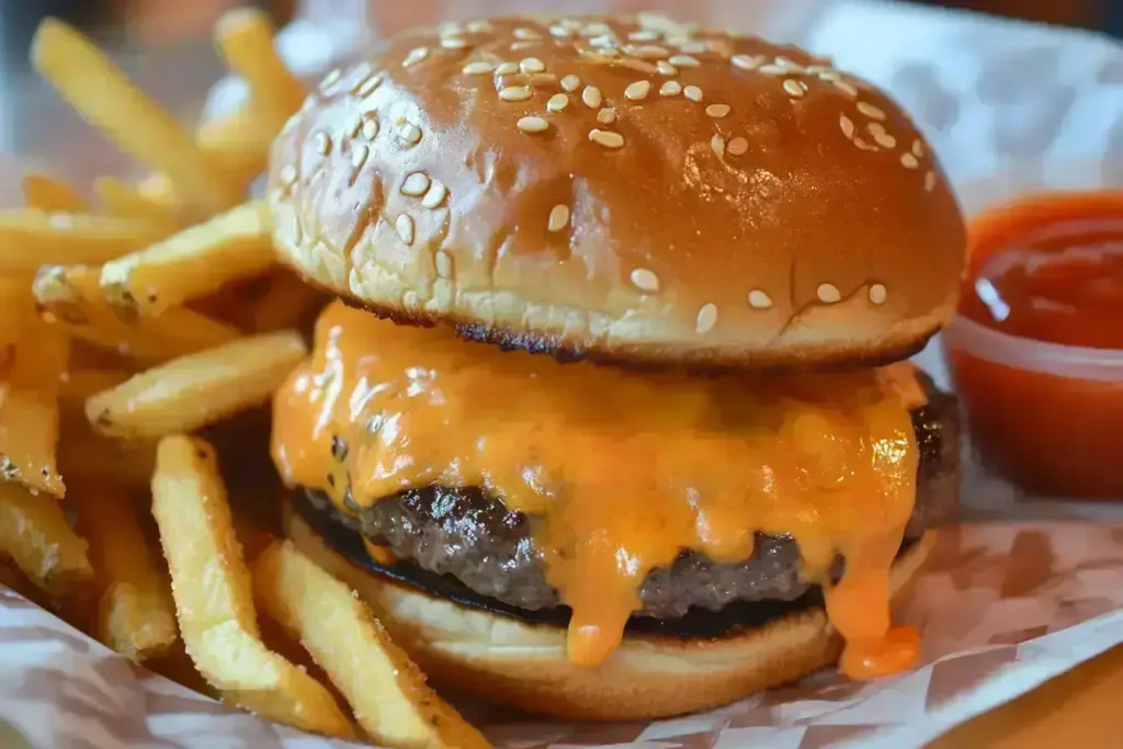 Grilled cheeseburger with melted American cheese.