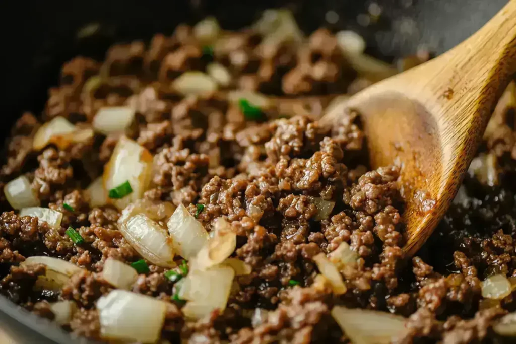 Ground beef browning in a skillet with onions and garlic.