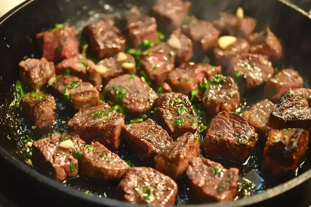 Steak pieces sizzling in a cast-iron pan