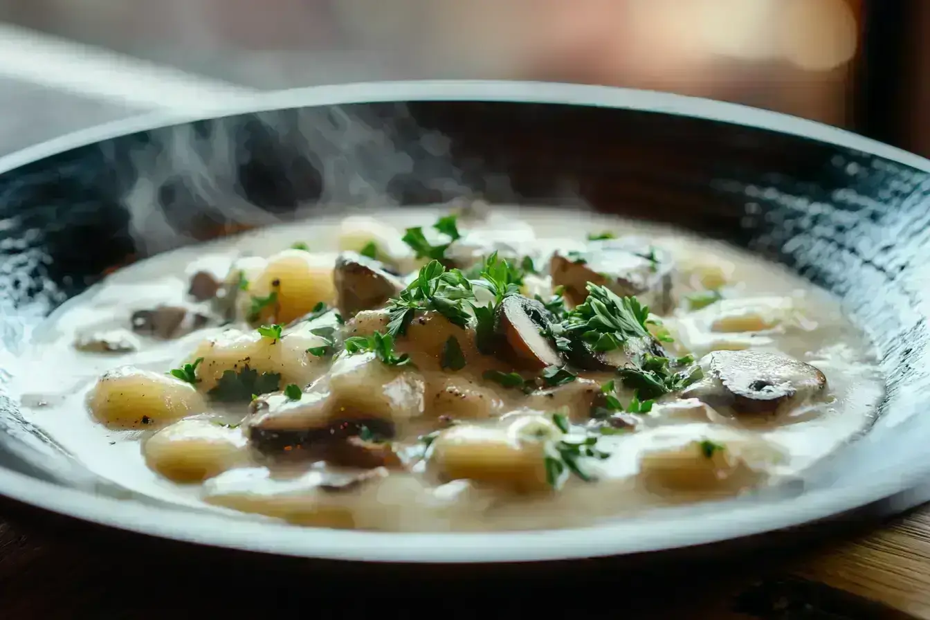 A plate of creamy mushroom gnocchi with parsley garnish.