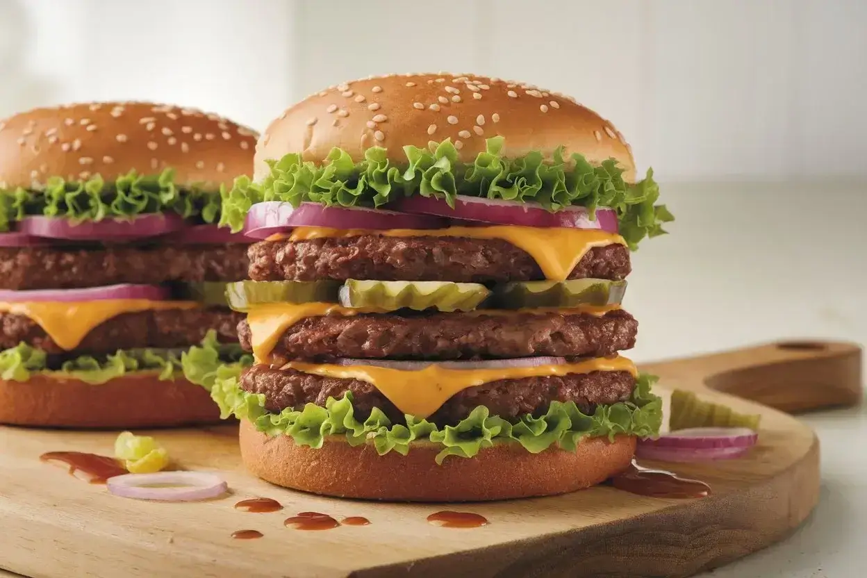 Double Big Mac with four patties, fresh lettuce, and signature sauce on a wooden board.