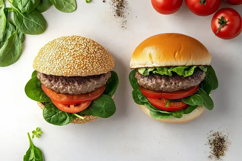 Side-by-side comparison of a traditional Double Big Mac and a healthier version with whole-grain bun and fresh vegetables.