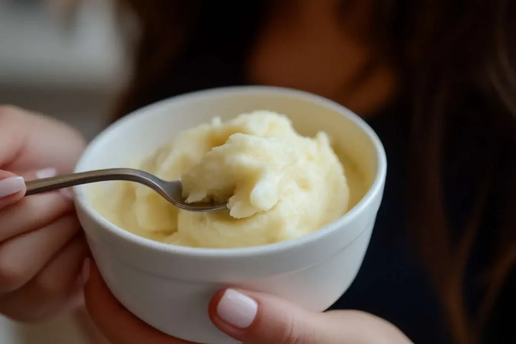 Woman eating a healthy bariatric puree