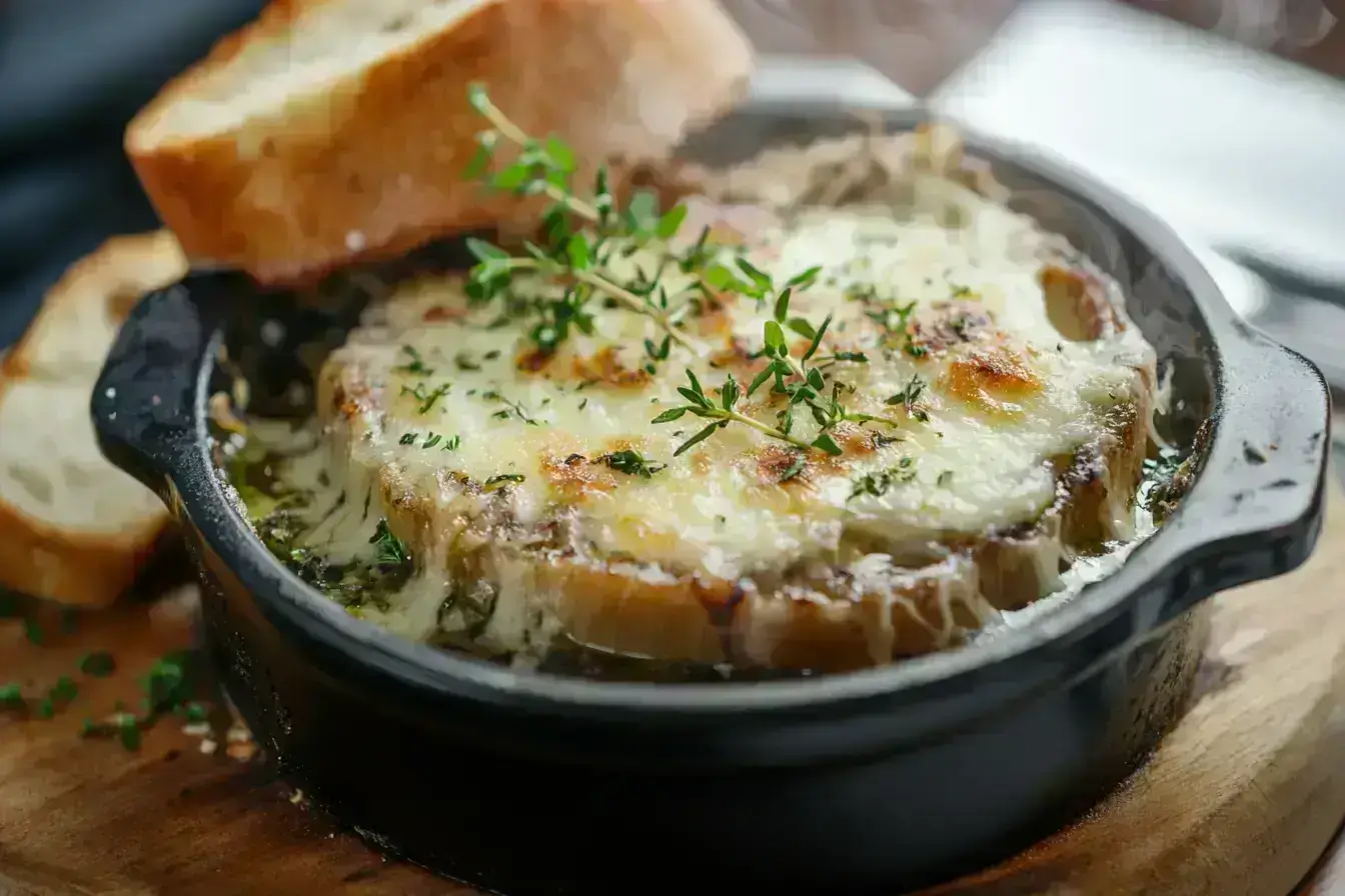 French onion chicken served with herbs and bread