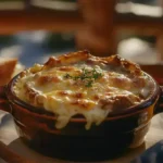 A bowl of French onion soup with melted cheese and toasted bread.