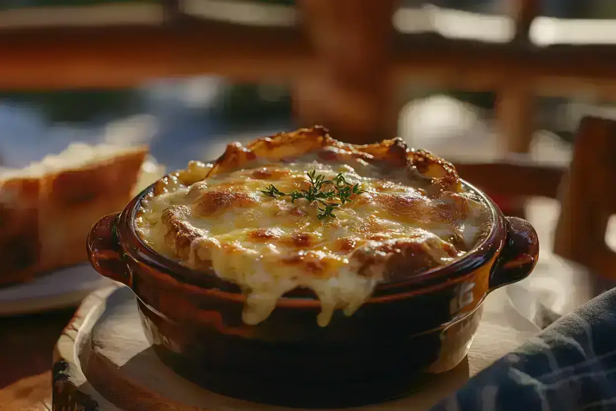 A bowl of French onion soup with melted cheese and toasted bread.