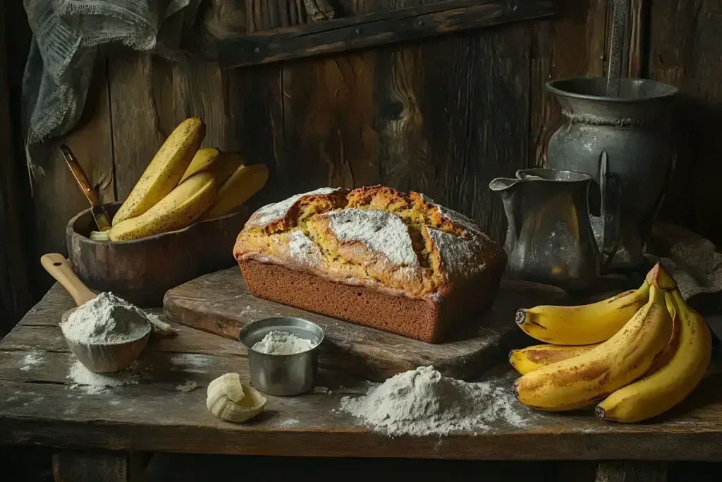 Freshly baked banana bread with ingredients.