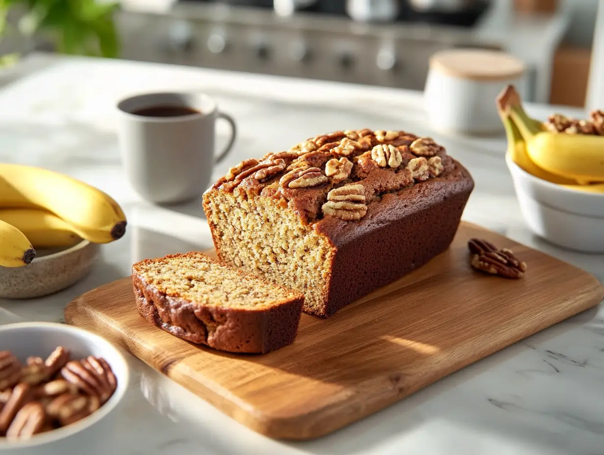 Freshly baked banana pecan bread on a cutting board with coffee and pecans.