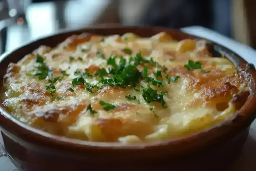 Baked pasta with golden cheese crust and parsley in a ceramic dish.