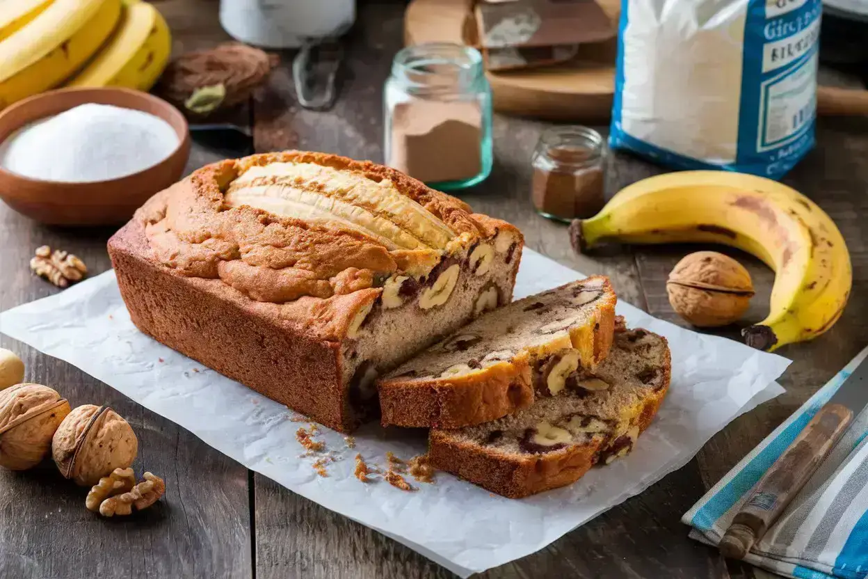 Freshly baked banana nut bread with perfect golden crust.