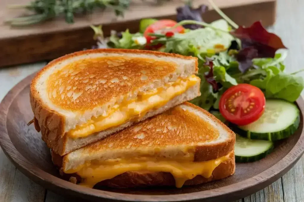 Grilled cheese sandwich with melted American cheese on a plate.