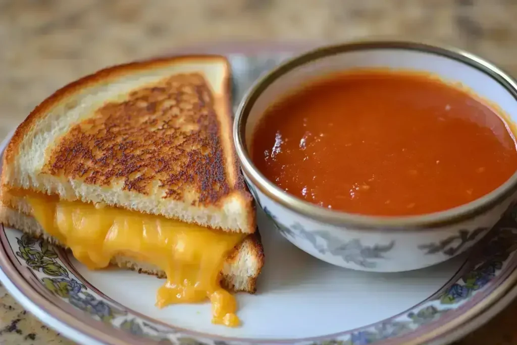 Grilled cheese sandwich with a side of tomato soup.