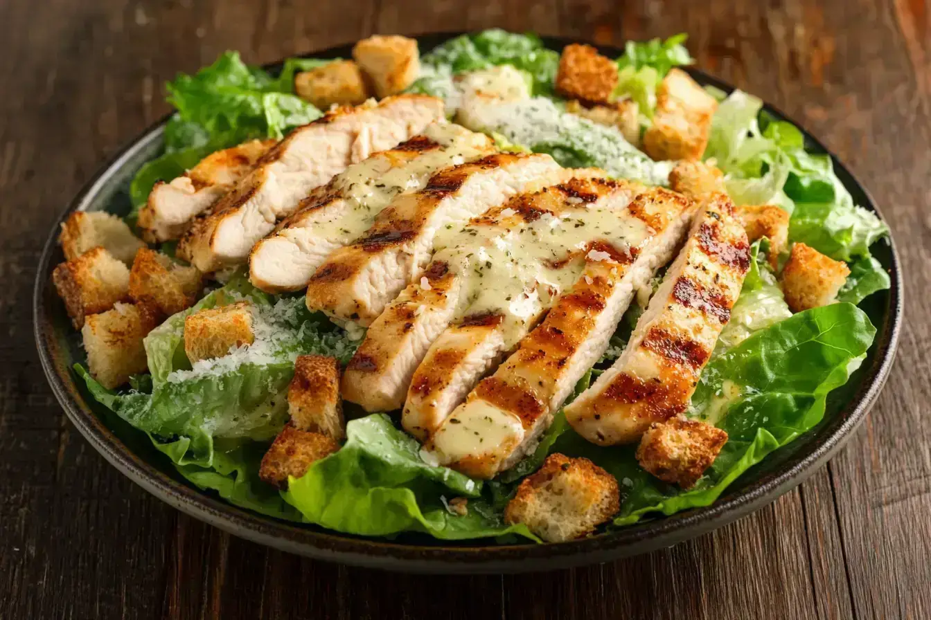 Grilled chicken Caesar salad with fresh lettuce, Parmesan, and croutons.