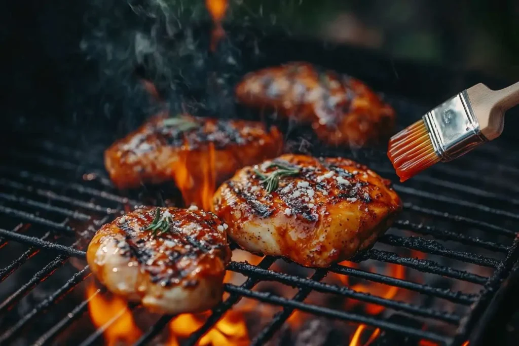 Grilled chicken breasts coated in barbecue sauce on a smoky grill.