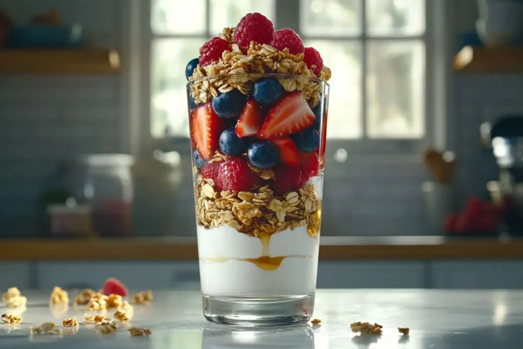 A glass filled with layers of Greek yogurt, crunchy granola, and fresh berries, drizzled with honey for a healthy and delicious treat.