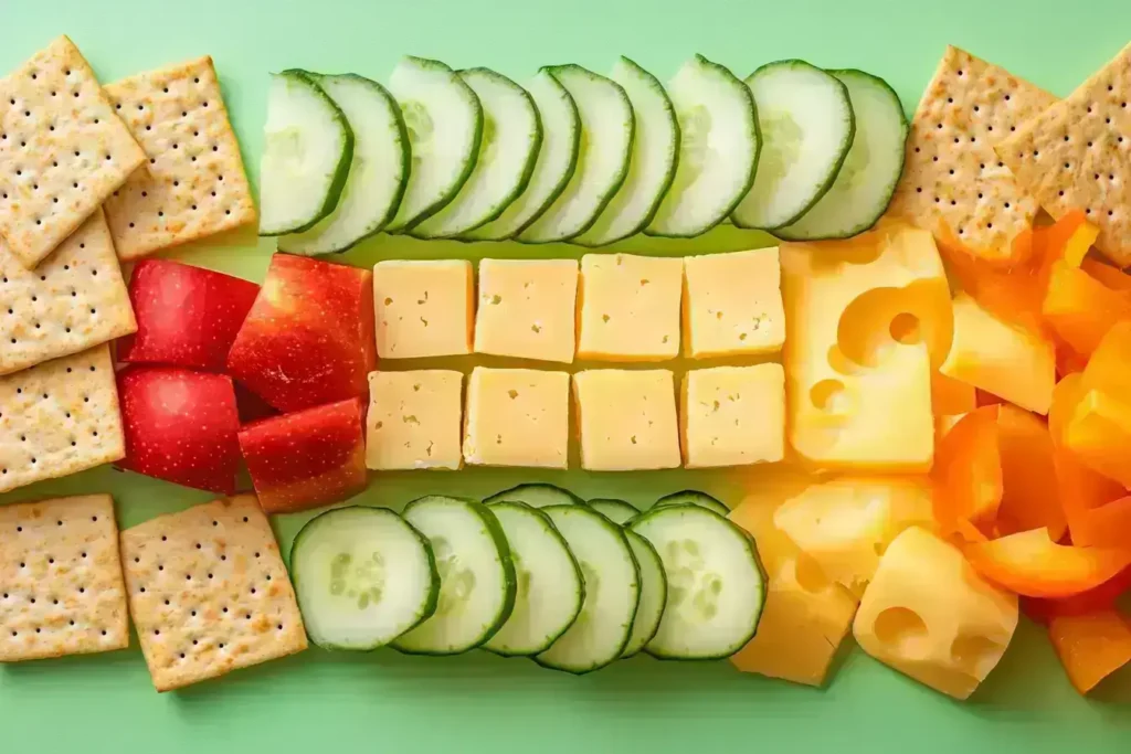 Snack platter with American cheese and healthy sides.