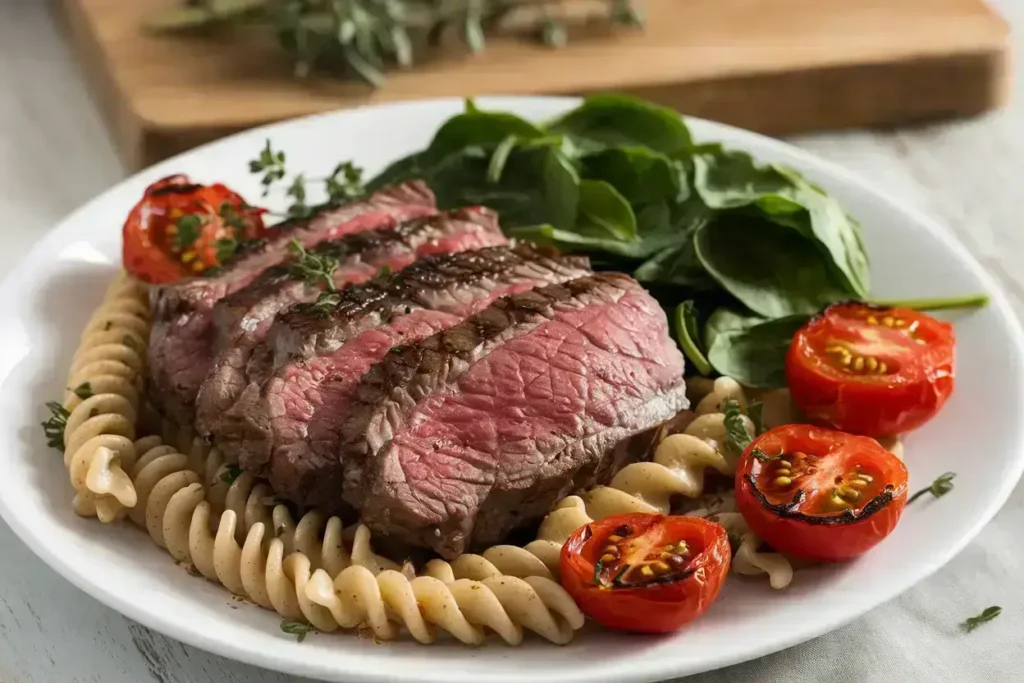  Healthy steak and whole-grain pasta with vegetables.