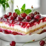 Heaven on Earth Cake topped with cherry pie filling in a white dish.