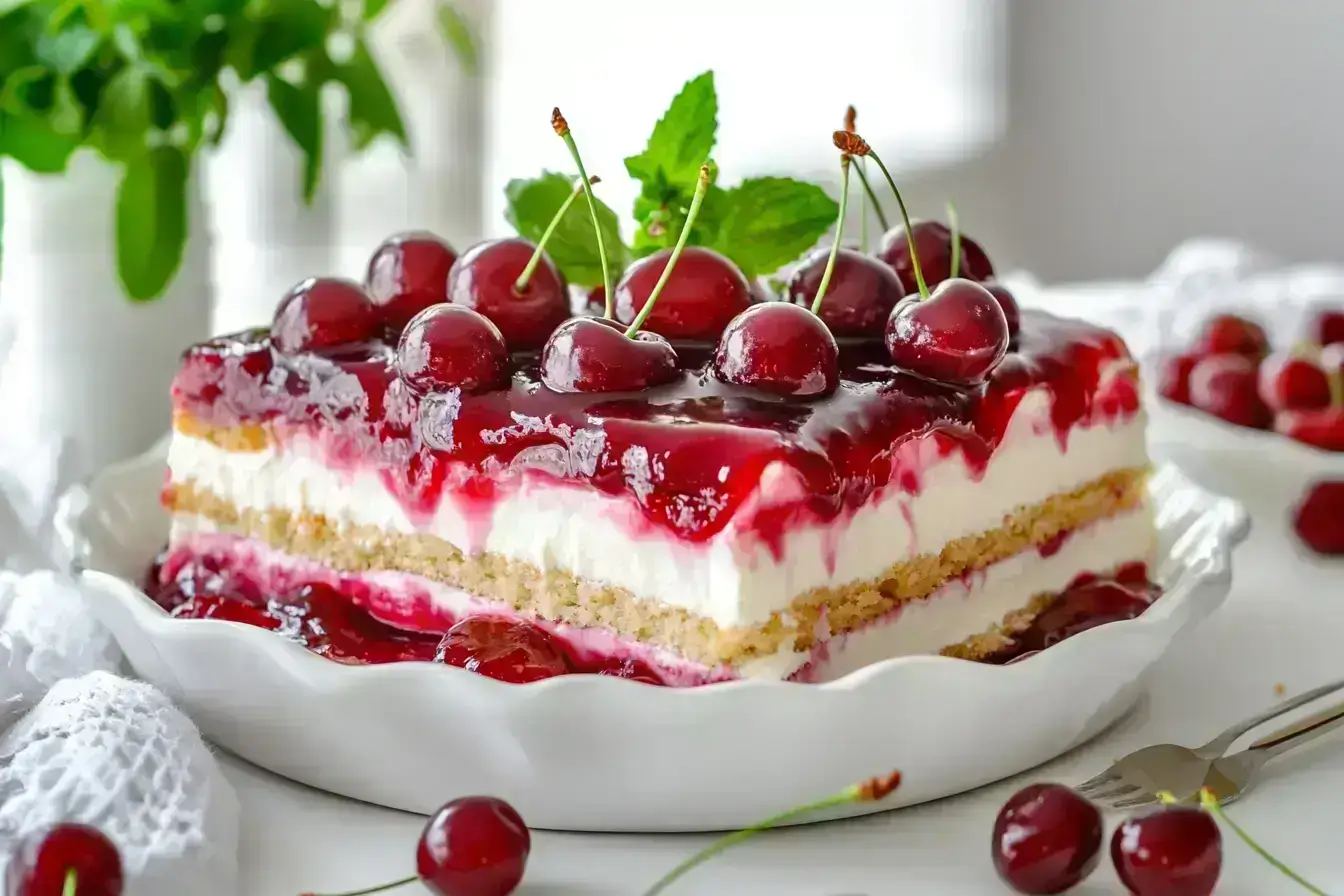 Heaven on Earth Cake topped with cherry pie filling in a white dish.