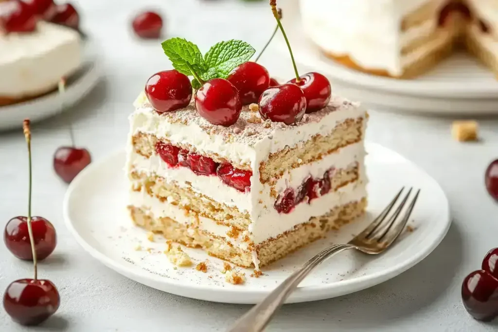 Slices of Heaven on Earth Cake served with fresh cherries and mint.