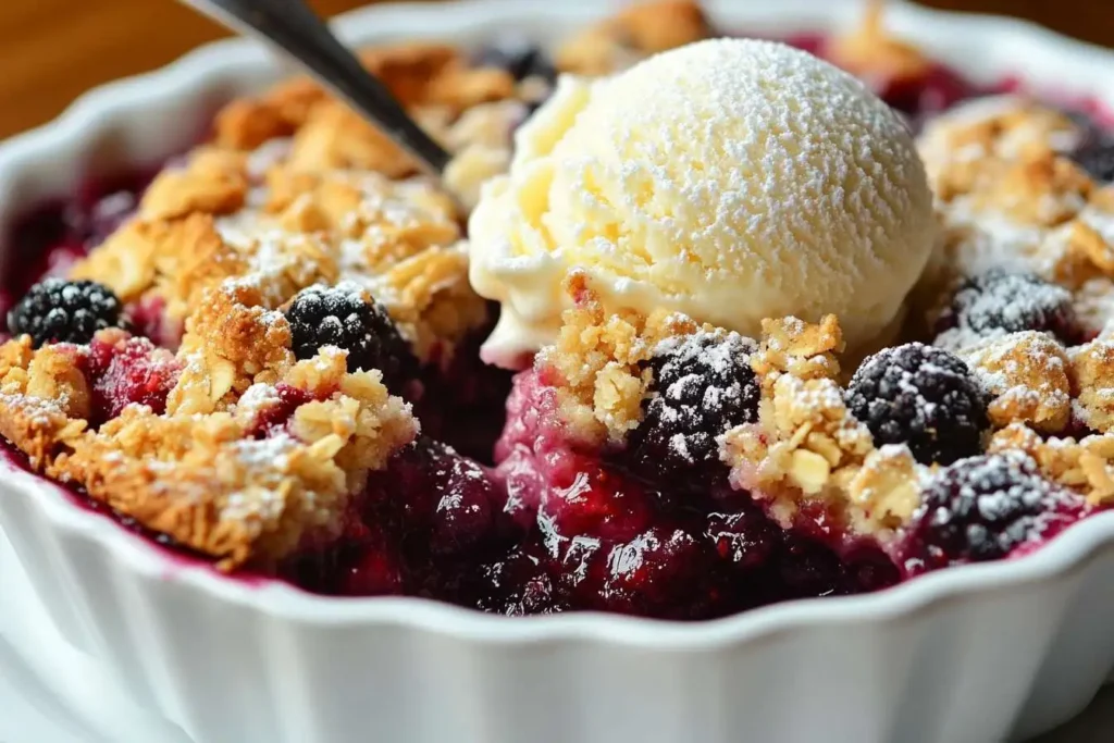 A close-up of a mixed berry crumble with golden oat topping and a scoop of vanilla ice cream melting on top.