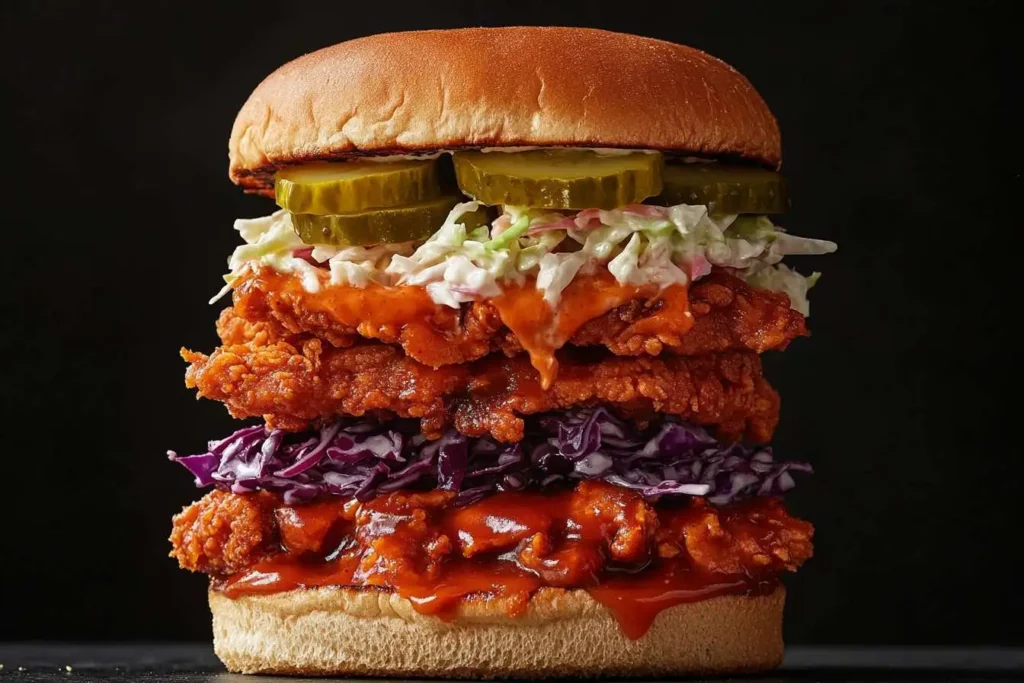 Step-by-step layers of a barbecue chicken sandwich being assembled.