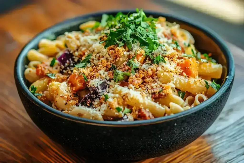 A delicious bowl of pasta illustrating how to jazz up boring pasta with vibrant herbs, crispy breadcrumbs, and a creamy sauce