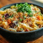 A delicious bowl of pasta illustrating how to jazz up boring pasta with vibrant herbs, crispy breadcrumbs, and a creamy sauce