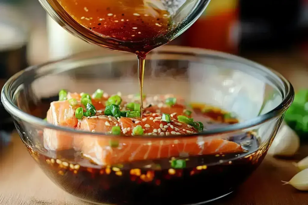 Salmon being marinated with seasonings