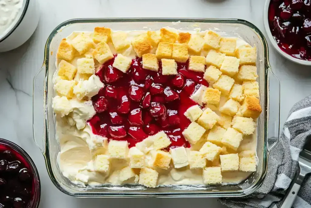 Layering process of Heaven on Earth Cake in a baking dish.