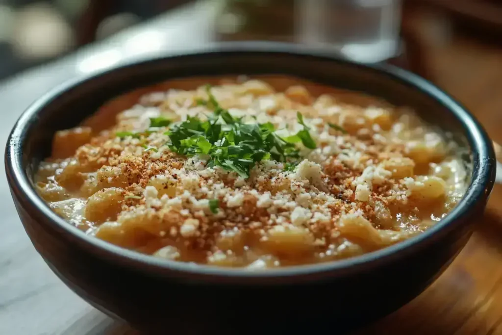 Macaroni and cheese with American cheese topping.